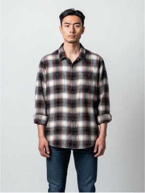 AllSaints Plaid Button-Up Shirt in Black, White & Rust